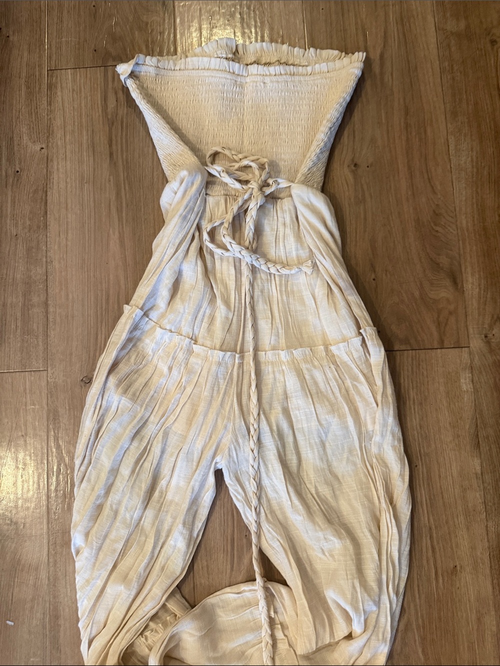 Love Tree Cream Strapless Smocked Tiered Wide-Leg Jumpsuit